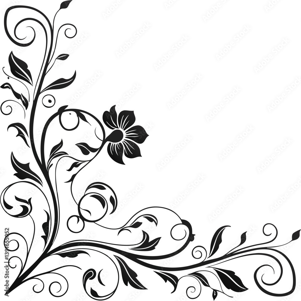 Black and white floral design with intricate patterns and ornamental elements Black and white floral design with intricate patterns and ornamental elements