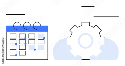 Calendar with marked dates next to a gear symbolizing planning, productivity, and process optimization. Ideal for scheduling, organization, workflow, productivity, teamwork, automation goal-setting