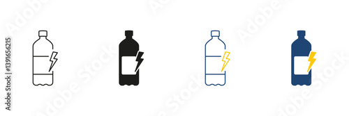 Energy Drink Bottle Line and Silhouette Icon Set With Lightning Bolt. Energy Boost And Stimulation Outline and Solid Symbol. Editable Stroke. Isolated Vector Illustration