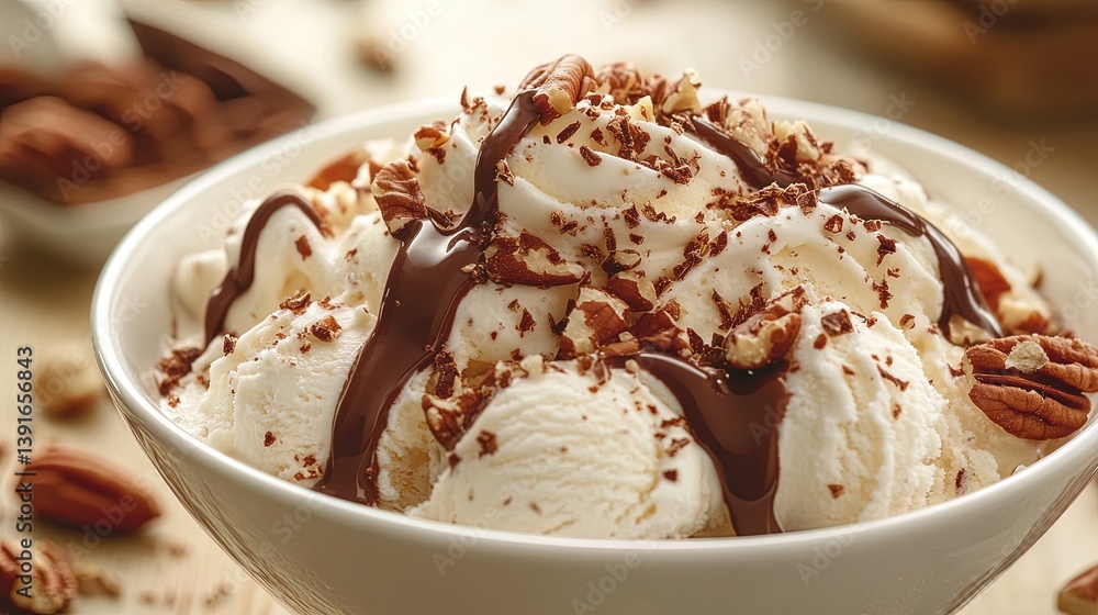 A close-up of a bowl of creamy ice cream with chocolate sauce, crushed nuts, and whipped cream A close-up of a bowl of creamy ice cream with chocolate sauce, crushed nuts, and whipped cream