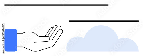 Open palm extended towards a cloud, representing collaboration, generosity, digital cloud storage, and communication. Ideal for business, charity, technology, teamwork sharing innovation flat
