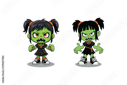 Two Cartoon Zombie Girls with Green Skin and Pigtails, Sporting Angry Expressions, Stand Side-by-Side Against a Clean White Background.