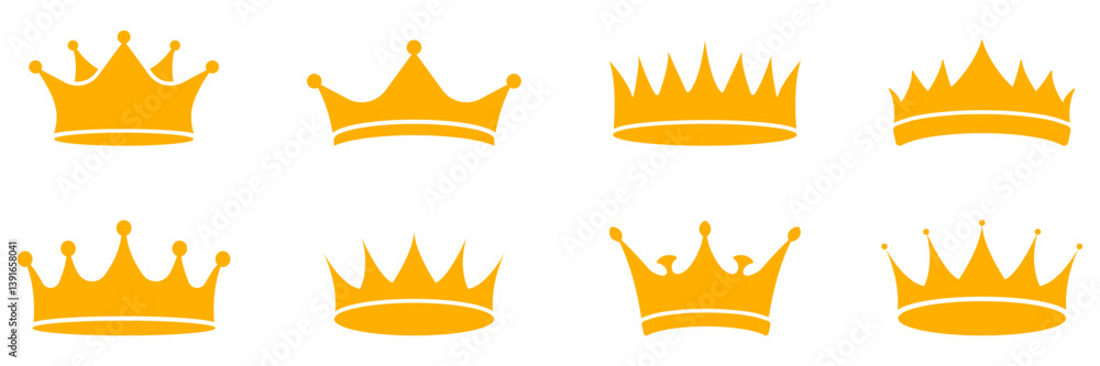 Golden Crown Solid Icon Set. Luxurious Royal Crowns Representing Monarchy, Wealth, and Power. King and Queen Headpiece Silhouette Symbol Collection. Isolated Vector Illustration Golden Crown Solid Icon Set. Luxurious Royal Crowns Representing Monarchy, Wealth, and Power. King and Queen Headpiece Silhouette Symbol Collection. Isolated Vector Illustration