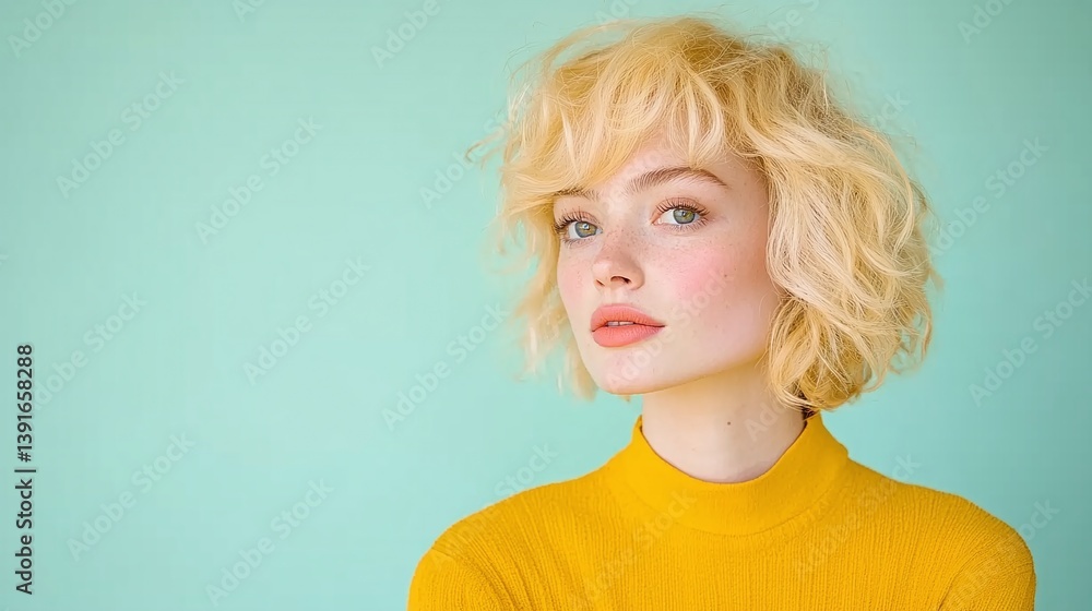 Short platinum blonde hairstyle, soft curls with face framing layers, clean mint green background, fashionable yellow turtleneck, confident elegant beauty studio portrait
Short platinum blonde hairstyle, soft curls with face framing layers, clean mint green background, fashionable yellow turtleneck, confident elegant beauty studio portrait