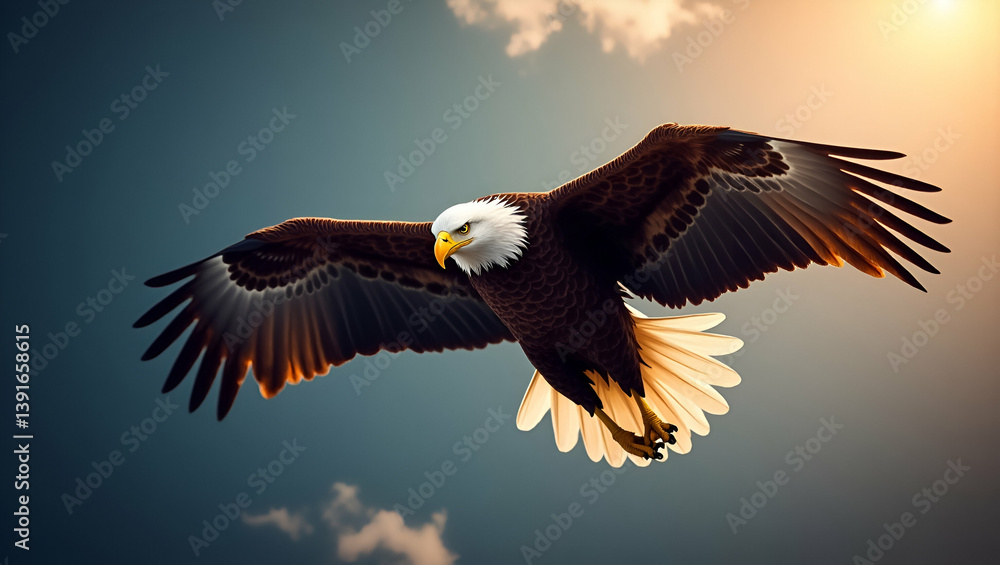 Naklejka premium Majestic American Eagle in Flight: High-Resolution Stock Photo Symbolizing National Strength and Freedom with Dynamic Composition and Empty Space for Text