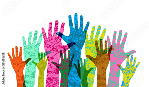 Outstretched hands up, protest. Multicultural concept of the community team. Vector illustration.