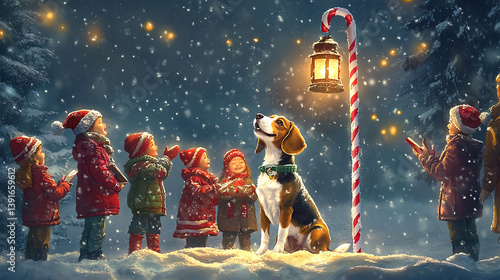 A cute fluffy dog with Christmas background ai generated