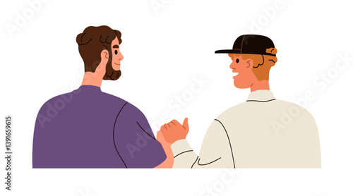 Men friends support, communication. Male love couple holding hands, looking at each other talking, back rear view. Guy partners in relationship. Flat vector illustration isolated on white background