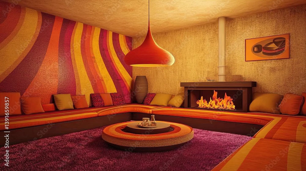 cozy communal living room with sunken seating, layered rugs, and central fireplace - ideal for sports interior posters and modern home inspiration