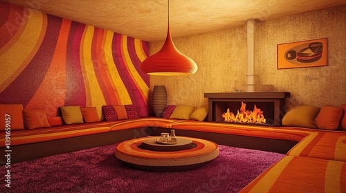 Obraz na płótnie cozy communal living room with sunken seating, layered rugs, and central fireplace - ideal for sports interior posters and modern home inspiration w salonie