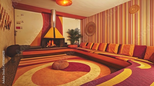 cozy communal living room design: sunken seating area, layered rugs, and central fireplace - perfect poster for sporty interiors!