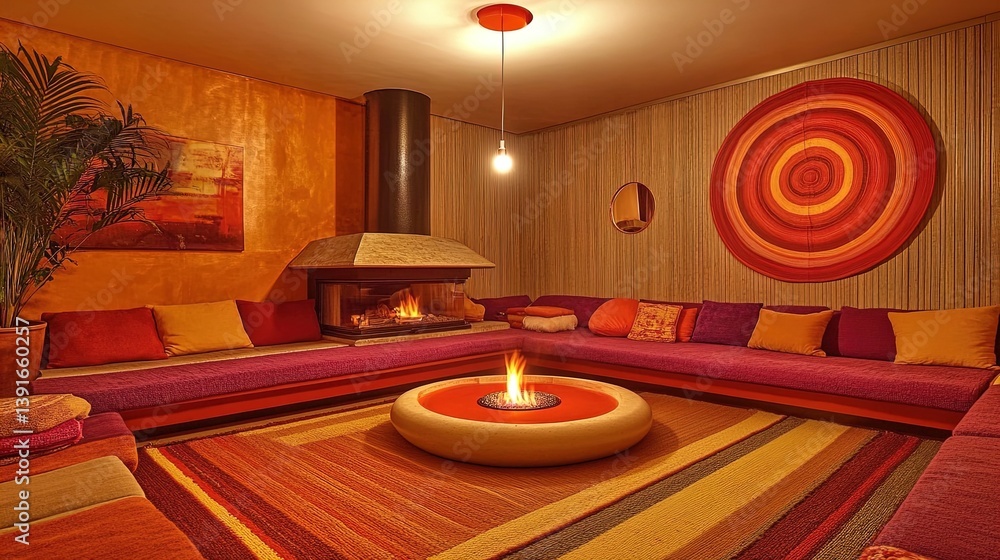 cozy modern living room poster: featuring a sunken seating area, layered rugs, and central fireplace for a communal atmosphere – perfect for sports enthusiasts!