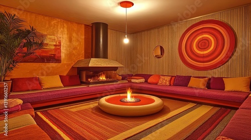 Obraz na płótnie cozy modern living room poster: featuring a sunken seating area, layered rugs, and central fireplace for a communal atmosphere – perfect for sports enthusiasts! w salonie