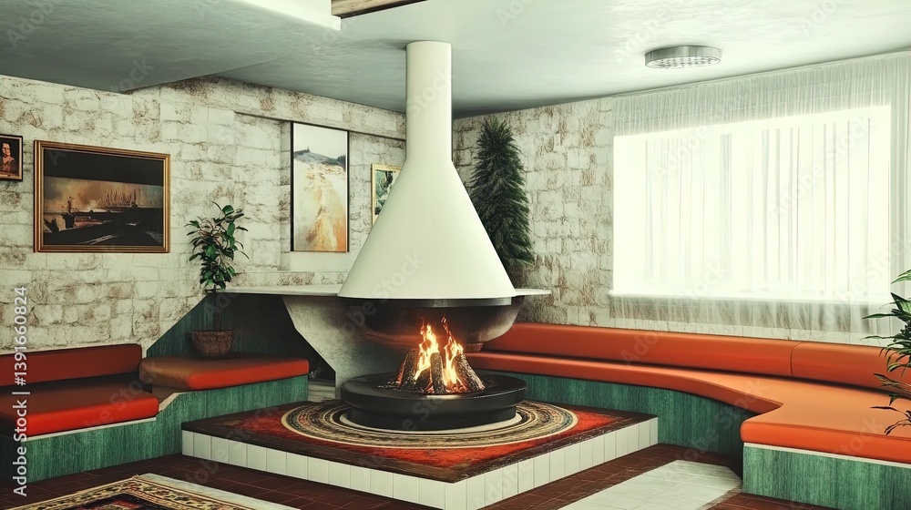 cozy communal living room with sunken seating, layered rugs, and central fireplace - ideal for sports interior posters and modern home inspiration