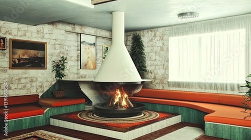 Obraz na płótnie cozy communal living room with sunken seating, layered rugs, and central fireplace - ideal for sports interior posters and modern home inspiration w salonie
