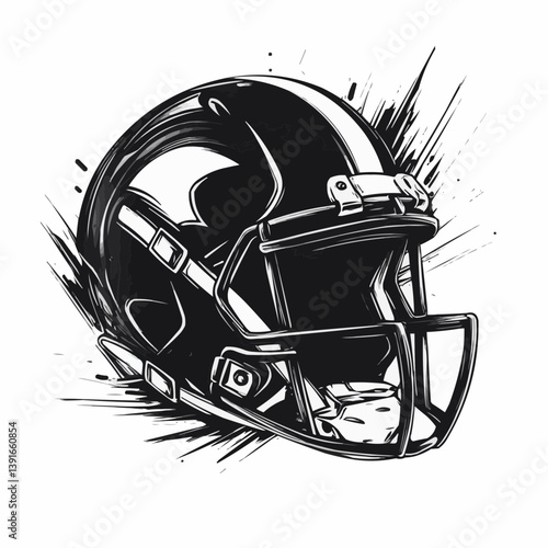 Modern dynamic American football helmet black and white with abstract splatter background