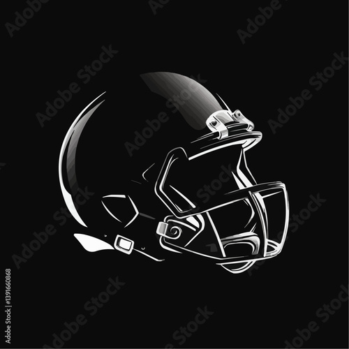 Stylized American football helmet profile view black and white evoking power