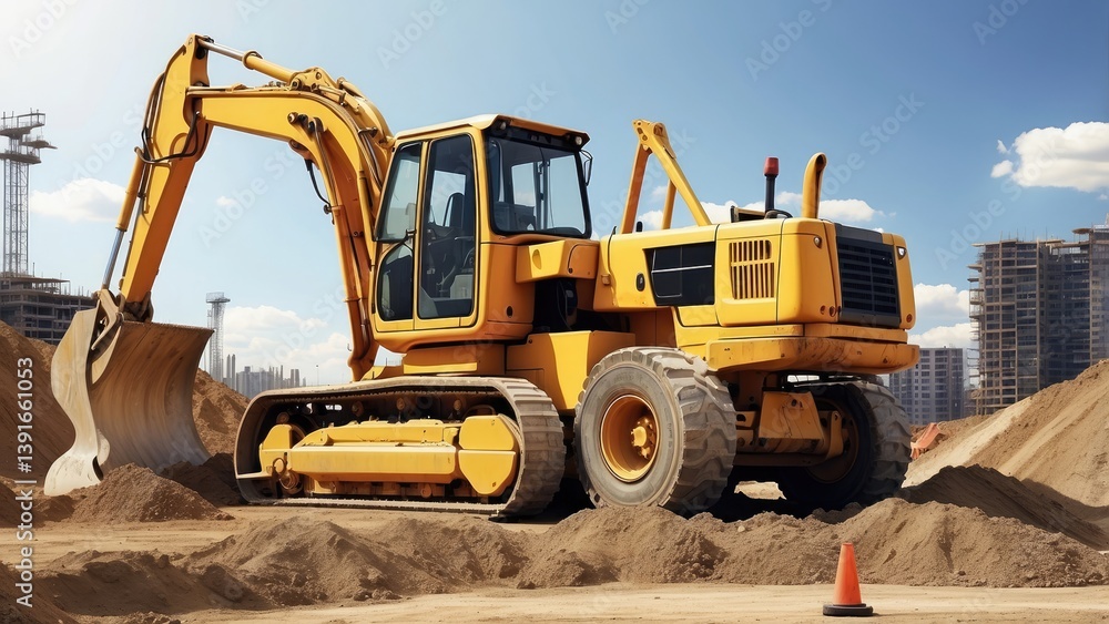 A large orange bulldozer with tracks rather than wheels is in the foreground of an urban construction site. A large orange bulldozer with tracks rather than wheels is in the foreground of an urban construction site.