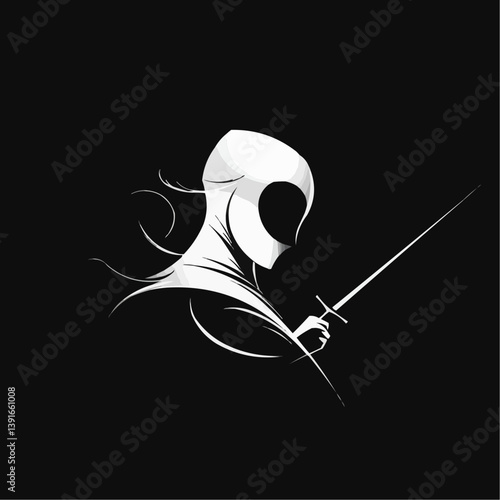 Stylized fencer gracefully holding foil against a black background