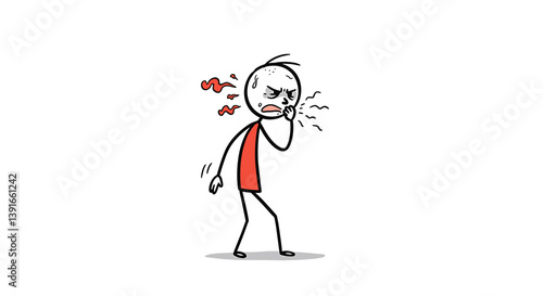 Red-shirted man releasing virus sneeze