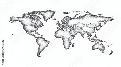 Fototapeta Naklejka Na Ścianę i Meble -  A detailed hand-drawn sketch of the world map shows all continents and countries in pencil strokes on white background.