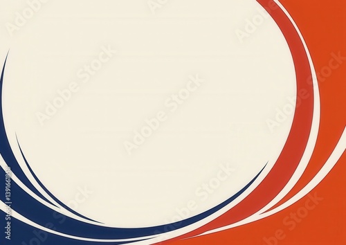 Cream background with red and navy blue swirling curves