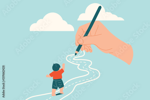 a hand holding pencil and draw path way for child , parenting support, family father mother concept, cartoon vector 