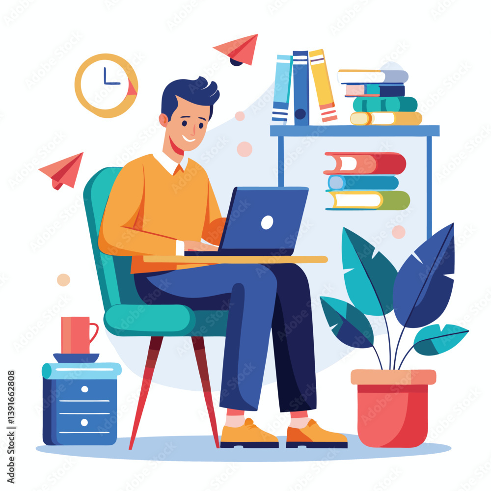a boy is using his laptop vector a boy is using his laptop vector