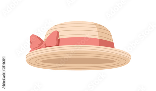 Garden hat with ribbon bow and curved brim. Feminine country sunhat, head acc...