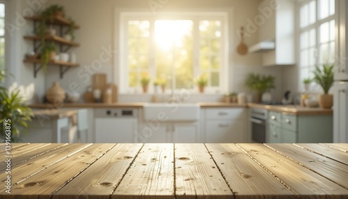 An empty wooden table with a bright white kitchen interior with a blurred background bathed in the early morning sun