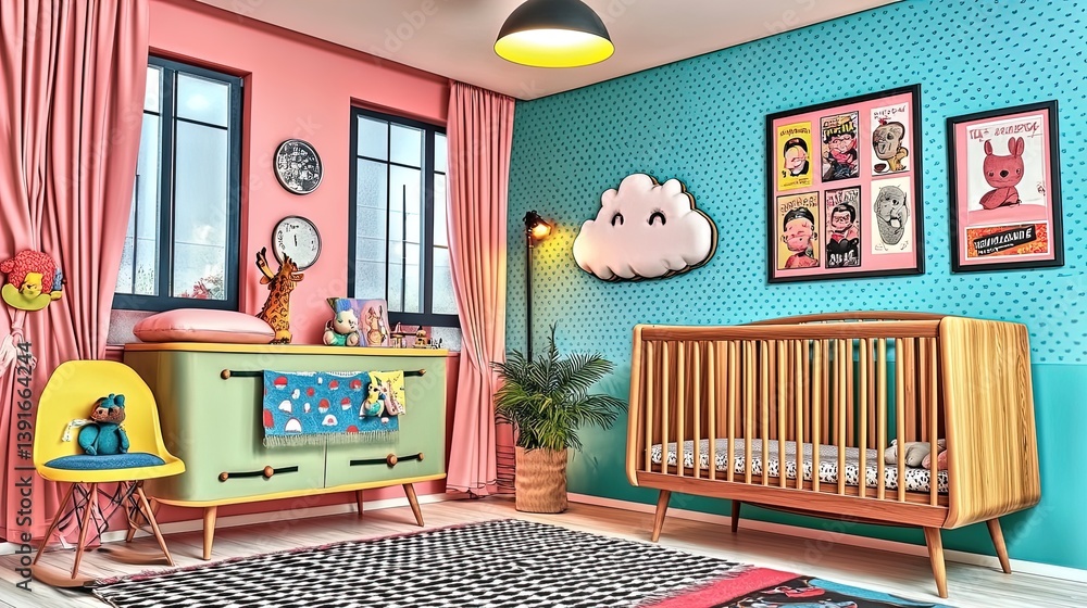 charming pastel nursery design with wooden crib and cloud-shaped decor: perfect for a playful yet calming atmosphere – ideal as a poster for modern children's interiors!