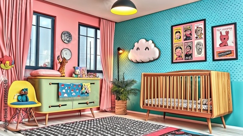 Obraz na płótnie charming pastel nursery design with wooden crib and cloud-shaped decor: perfect for a playful yet calming atmosphere – ideal as a poster for modern children's interiors! w salonie