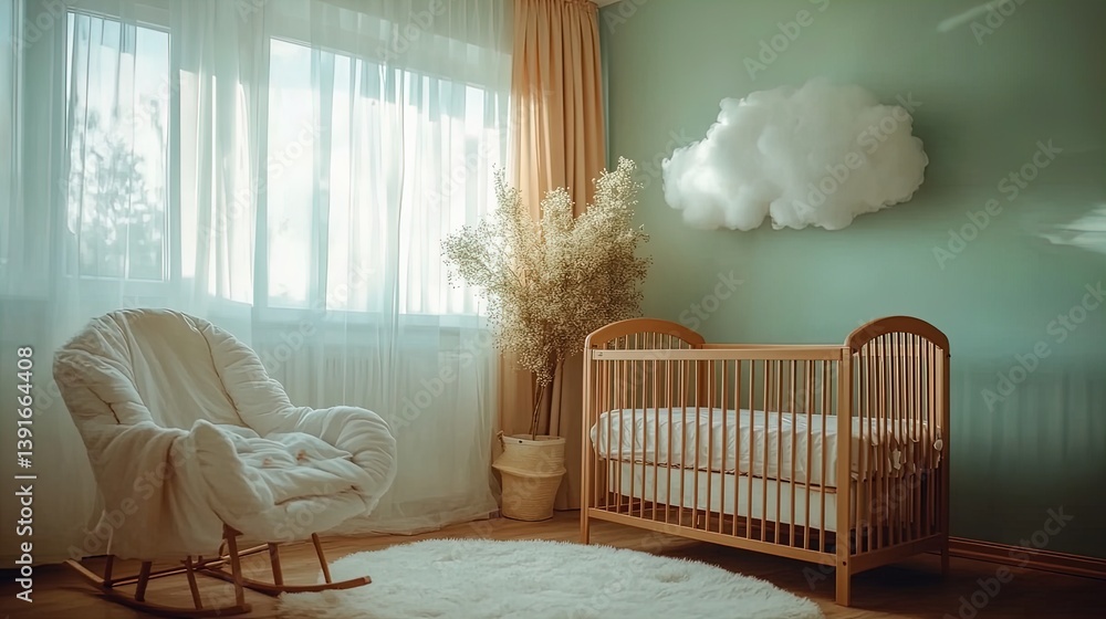 create a tranquil space: modern nursery with pastel walls and cloud decor - perfect poster for playful yet calming children's interior design