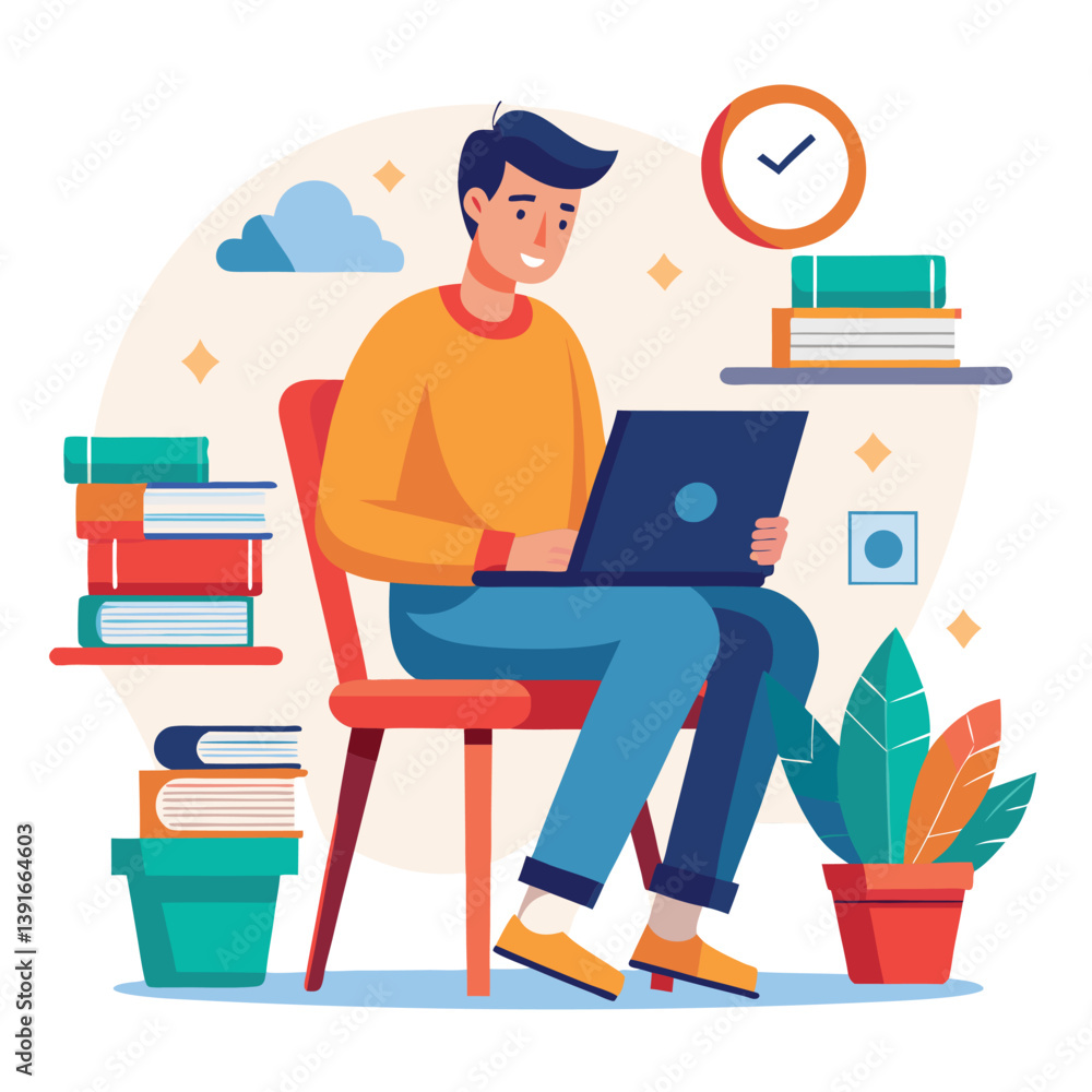 a boy is using his laptop vector a boy is using his laptop vector