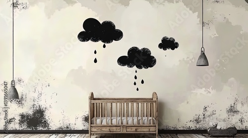 charming pastel nursery design with wooden crib and cloud-shaped decor: perfect for a playful yet calming atmosphere – ideal as a poster for modern children's interiors!