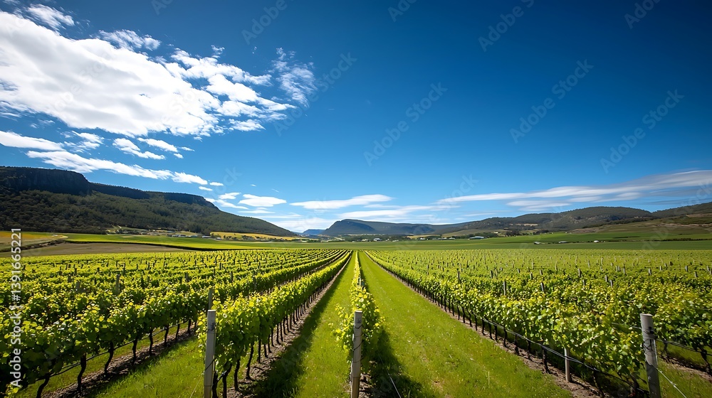 Naklejka premium Expansive vineyard landscape under a bright blue sky with rolling hills in the background