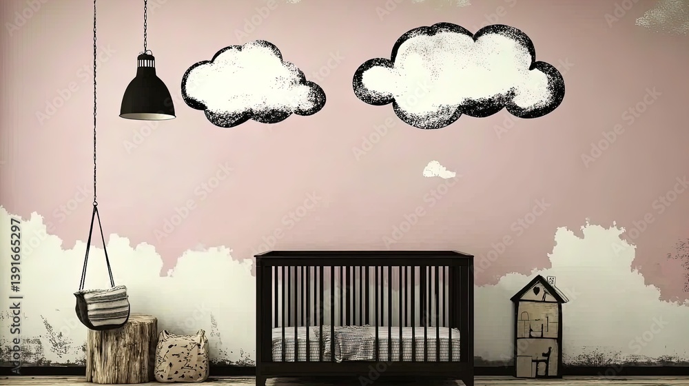 create a serene modern nursery: pastel walls, wooden crib, cloud-shaped decor – perfect for playful yet calming baby room inspiration or as a charming poster for your child's space!