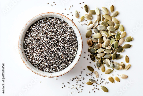 Chi seeds and pumpkin seeds in a bowl on white background ai generated