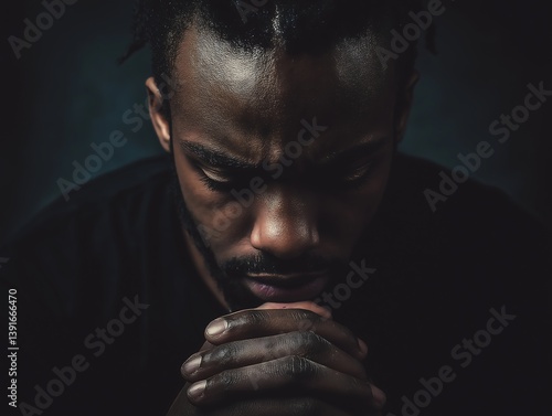 Pensive Black Man in Low Light, Hands Clasped in Prayer or Thought
