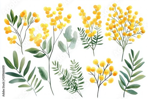Watercolor illustration of mimosa flowers with green leaves and bright yellow spherical blooms in a botanical arrangement.
