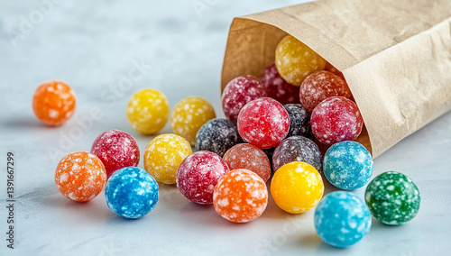 Colorful candy balls spilling out of a paper bag ai generated