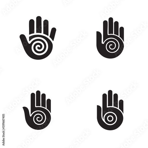 A minimalist black and white logo tatto design of a hand with a spiral pattern in the palm