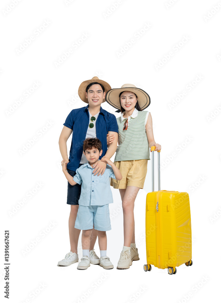 Full body photo of Asian family wearing travel clothes, travel suitcase posing, background removed Full body photo of Asian family wearing travel clothes, travel suitcase posing, background removed