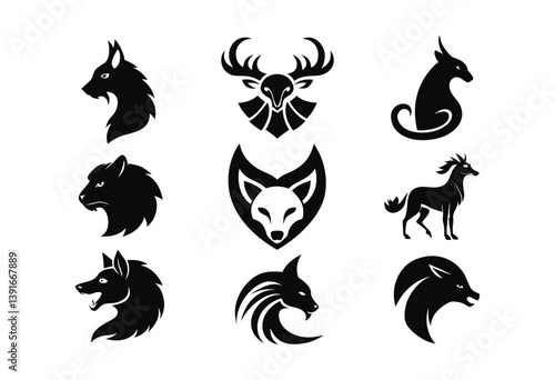 Wild Animal Head Silhouette Logos Vector Tribal Icons Set
