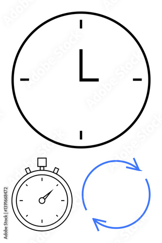 Analog clock, stopwatch, and circular arrows emphasize time, efficiency, deadlines, and iterative processes. Ideal for productivity, cycles, planning workflow scheduling deadlines strategy