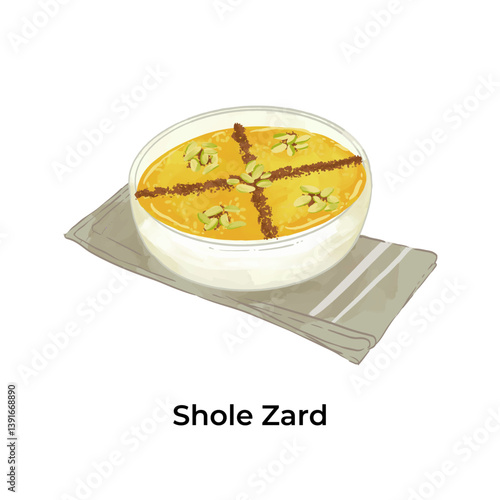 Colorful illustration of Shole Zard traditional Middle Eastern sweets and desserts. Perfect for Ramadan, Eid, or cultural food themes. High detail, vibrant style.
