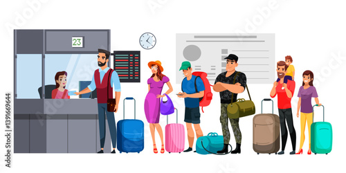 People standing in line at airport check-in counter. Passport control in airport. Travelers with luggage, backpacks and suitcases waiting for service. Tourists at hotel reception. Vector illustration.