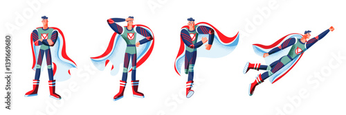 Superhero character in red and blue costume with cape. Set of heroic poses: standing, searching, running, and flying. Vector illustration of cartoon comic hero isolated on white background.