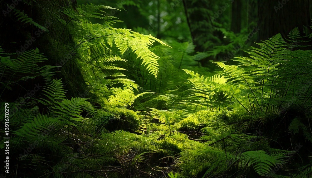 Fototapeta premium Lush forest floor with layers of green leaves and ferns, soft ambient lighting