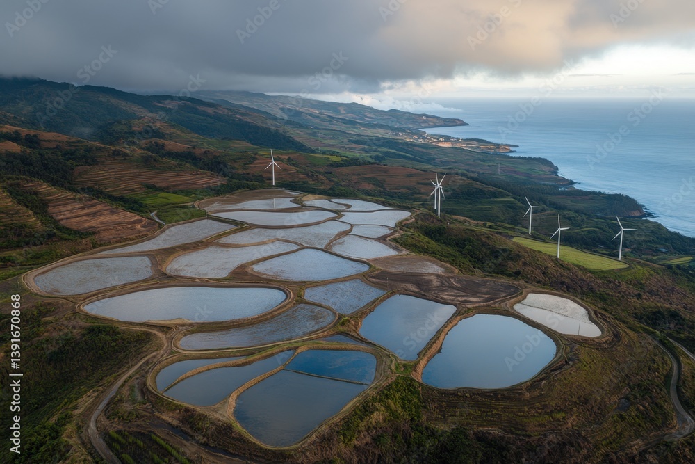 Aerial view of terraced ponds and wind turbines on a hillside overlooking the ocean